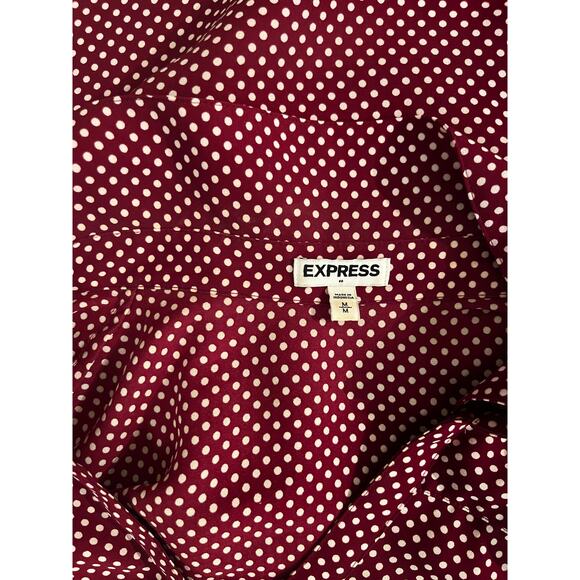 Express Polka Dot Button-Up Blouse Women’s Medium Burgundy Tie Sleeve Top Size M - Picture 8 of 9